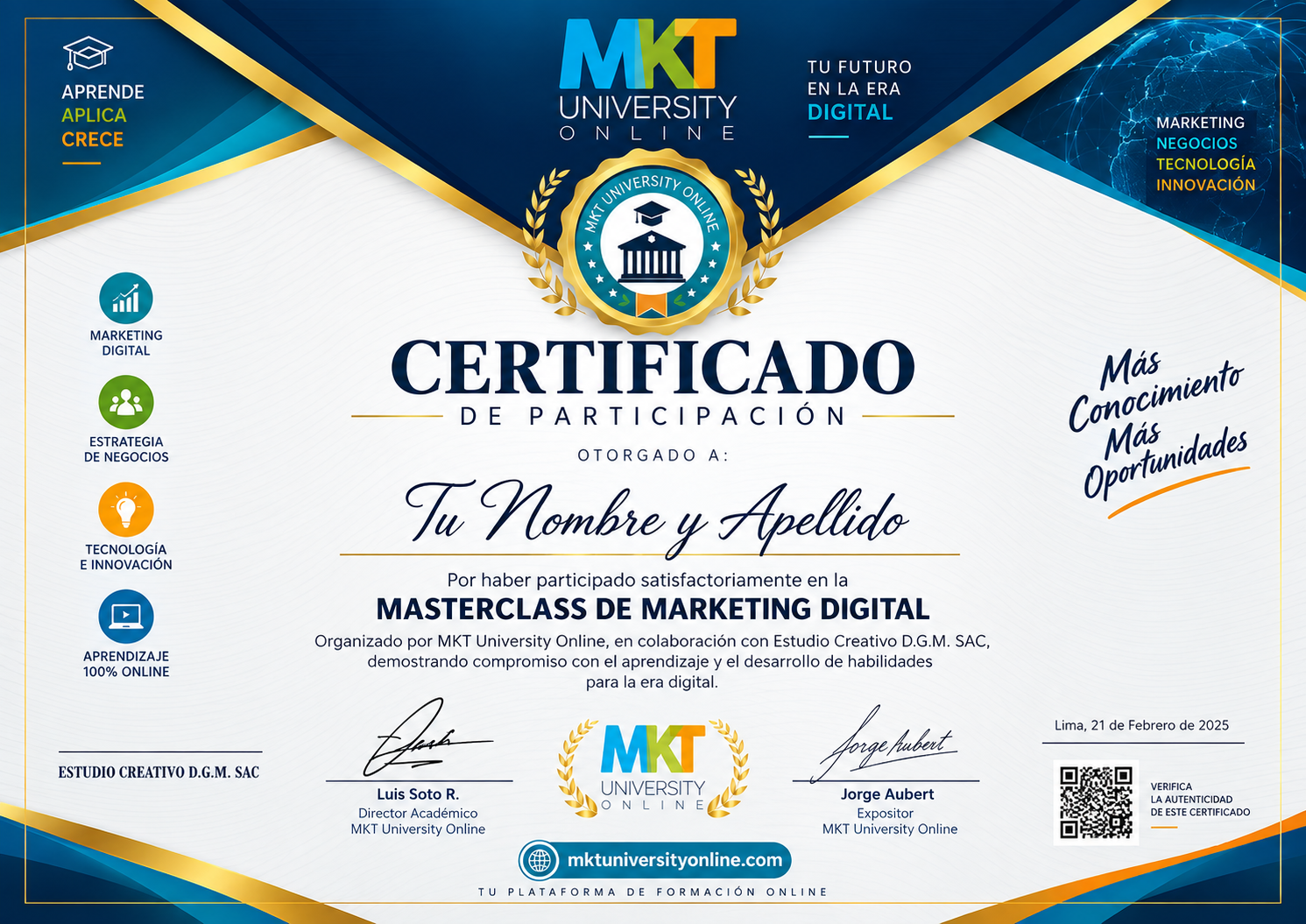 Certificado de participación MKT University Online